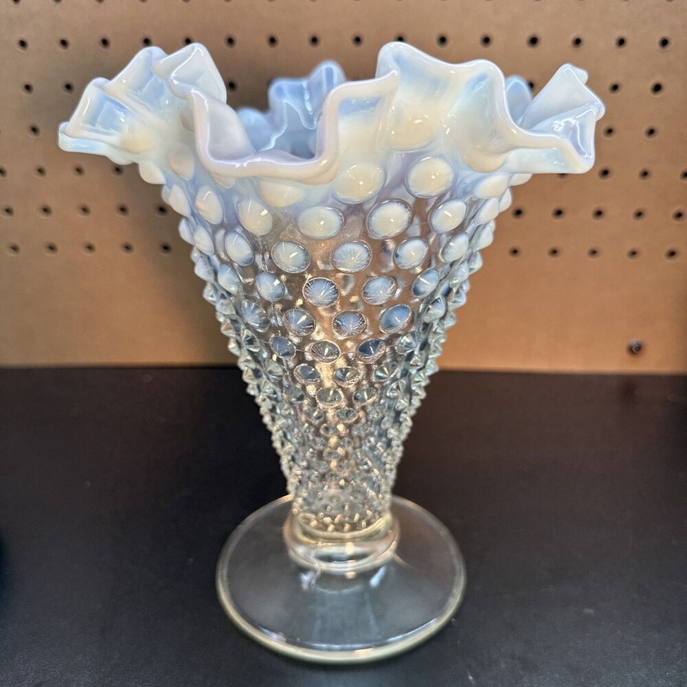Vintage Fenton French White Opalescent Ruffle Edged Hobnail Cone Vase 8”